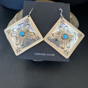 Navajo Blue Turquoise Earrings | Stamped Sterling Silver | Authentic Native American Handmade | 13322