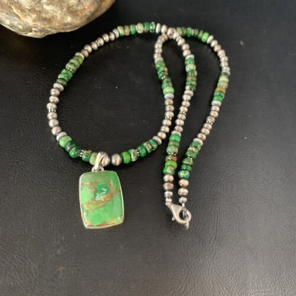 Navajo Pearls Green Mojave Turquoise Pendant Necklace | Sterling Silver | Native American Handmade | 13465