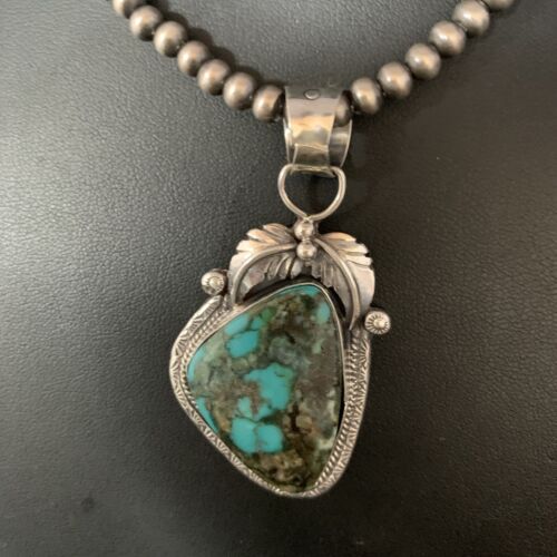 Navajo Spiderweb Turquoise Pendant Necklace | 2.25" | Sterling Silver | Authentic Native American Handmade | 13979