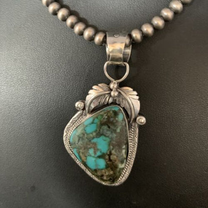 Navajo Spiderweb Turquoise Pendant Necklace | 2.25" | Sterling Silver | Authentic Native American Handmade | 13979