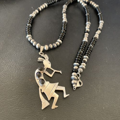 Navajo Kokopelli Pendant with Pearls, Black Onyx, and Multi-Stone | Authentic Native American Sterling Silver | 12284