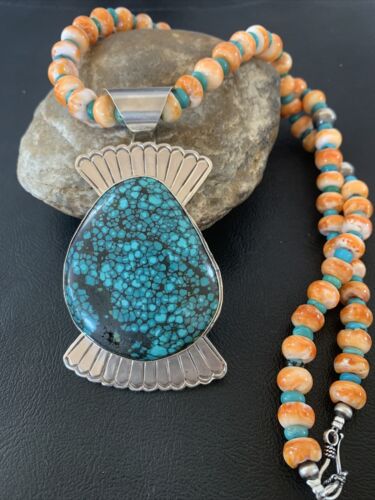 Navajo Spiny Oyster & Spiderweb Turquoise Necklace | Sterling Silver | Authentic Native American Handmade | 1757