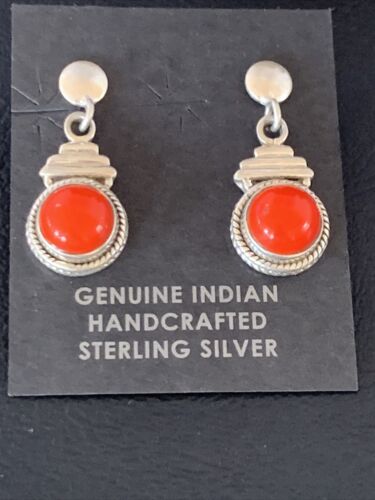 Native American Navajo Red Coral Dangle Earrings | Sterling Silver | 1" | 13113 - Masha USA