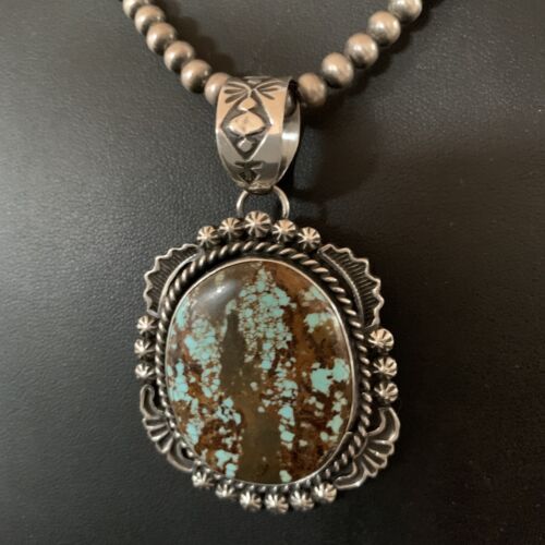 Navajo Pearls Sterling Silver Necklace with Blue Turquoise #8 Pendant | Authentic Native American Handmade | 11297