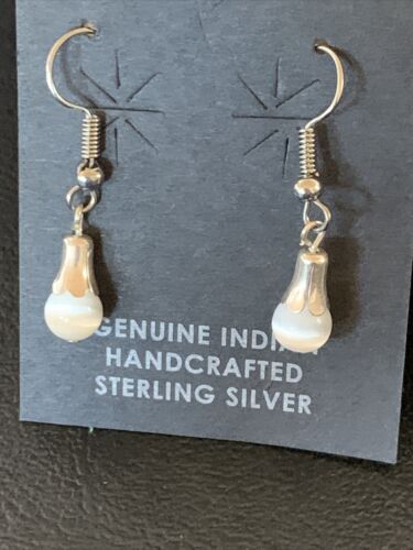 Navajo Sterling Silver White Moonstone Dangle Earrings | 0.50" | Authentic Native American Handmade | 13087 - Masha USA