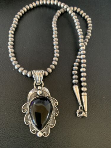 Navajo Pearls Black Onyx Necklace Pendant | Sterling Silver | Authentic Native American Handmade | 13095