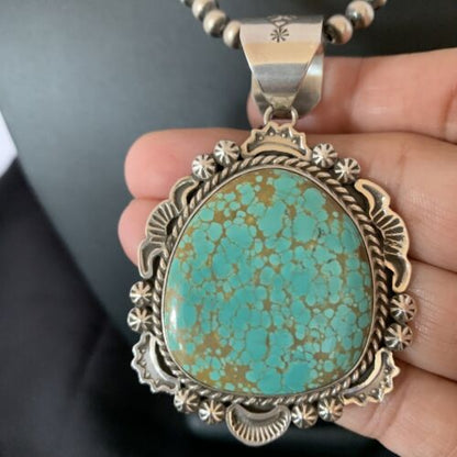 Navajo Blue #8 Turquoise Pendant Necklace | Sterling Silver | Authentic Native American Handmade | 10228