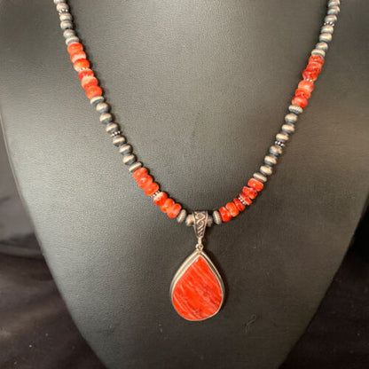 Navajo Red Spiny Oyster Necklace | Sterling Silver Pendant | Men's Women's | Authentic Native American Handmade | 13814