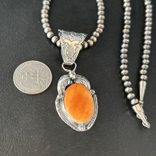 Navajo Orange Spiny Oyster Pendant Necklace | Sterling Silver | Authentic Native American Handmade | 14682