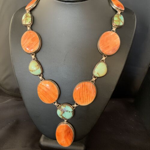 Navajo Lariat Necklace with Green Royston Turquoise & Spiny Oyster Pendant | Sterling Silver | 20" | 13888