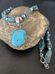 Men's Navajo Kingman Turquoise Pendant Necklace | Sterling Silver | 20" | Authentic Native American Handmade | 10224