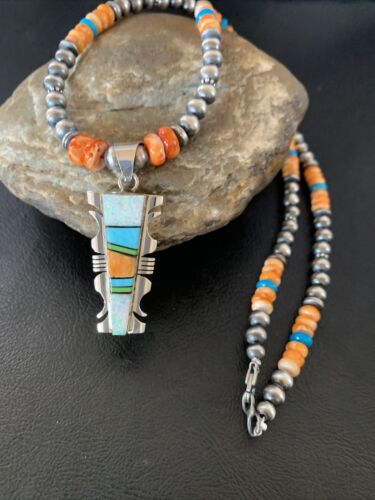 Navajo Turquoise Spiny Oyster Inlay Pendant | Sterling Silver | Authentic Native American Handmade | 11801