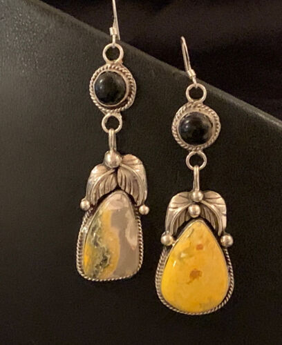 Native American Navajo Black Onyx Bumblebee Jasper Dangle Earrings | Sterling Silver | 2" | 1537