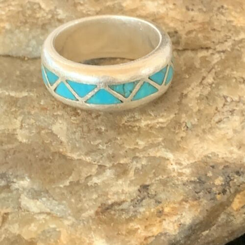 USA Men's Old Pawn Navajo Sterling Silver Blue Turquoise Inlay Ring S6 10375