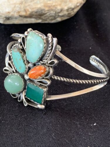 Navajo Spiny Oyster Green Turquoise Cuff Bracelet | Sterling Silver | Authentic Native American Handmade | 342