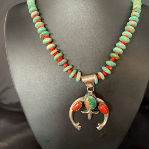 Navajo Pearl Necklace with Royston Turquoise & Coral Naja Pendant | Sterling Silver | 13813