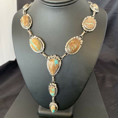 Navajo Men's Lariat Necklace | Boulder Turquoise | Sterling Silver | Native American Handmade | 2222