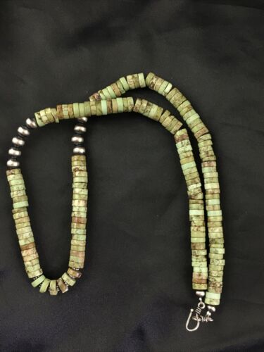 Navajo Men's Green Turquoise Heishi Necklace | Sterling Silver | 8mm | 22" | Authentic Native American Handmade | 10137