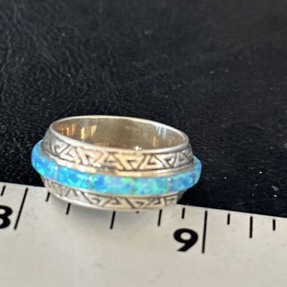 Navajo Blue Opal Inlay Eternity Band Ring | Sterling Silver | Sz 8 | Authentic Native American Handmade | 14544