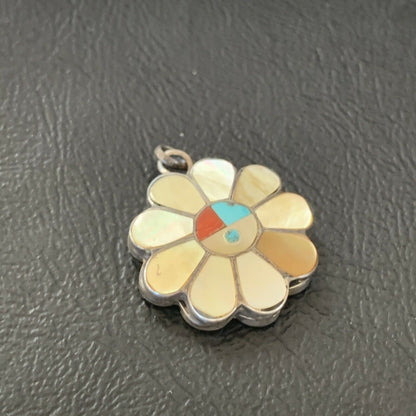 Zuni Sunface Pendant | Yellow White Mother of Pearl Coral Inlay | Sterling Silver | 2 Sided | 1683