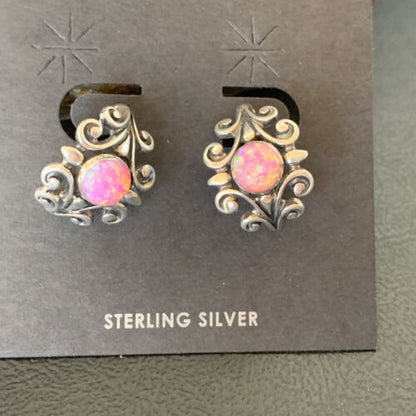 Native American Women's Navajo Hoop Earrings Set | Sterling Silver Pink Opal | 12764
