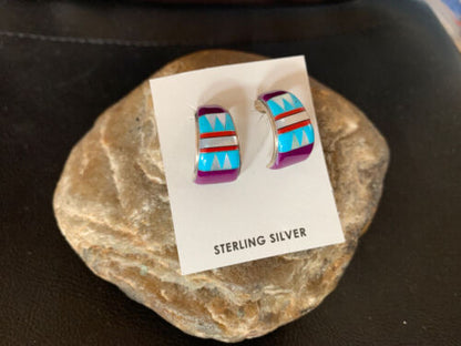 Navajo Turquoise Purple Sugilite Mother of Pearl Dangle Inlay Earrings | Sterling Silver | 12909