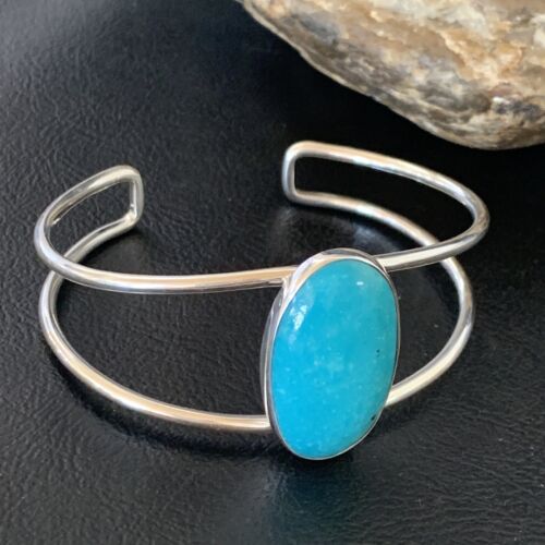 Minimalist Women's Cuff Bracelet | Sterling Silver | Blue Kingman Turquoise | 12866