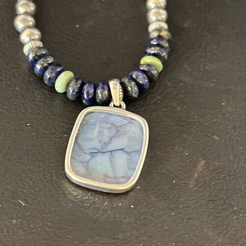 Navajo Green Turquoise Lapis Necklace with Opal Pendant | Sterling Silver | Native American Handmade | 14369
