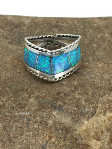 Native American Navajo Sterling Silver Blue Opal Inlay Ring Set7.75 2785