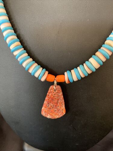 Santo Domingo Shell Pendant | Spiny Oyster & Blue Turquoise | 20" Necklace | Navajo | 12521