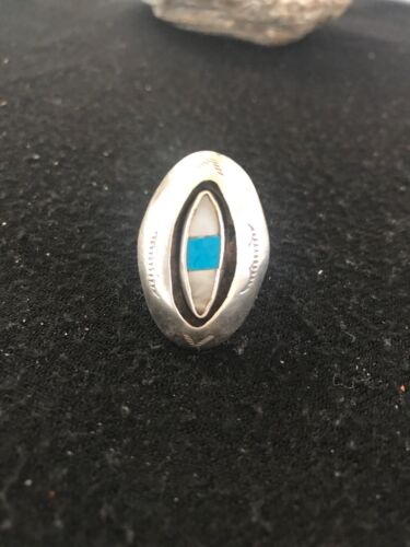 Navajo Kingman Turquoise & Mother of Pearl Ring | Sterling Silver Shadow Box | Sz 9 | 10207