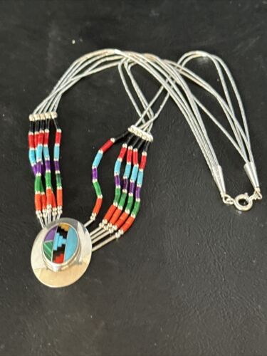 Multi-Color Liquid Silver Heishi 5-Strand Necklace | Sterling Silver Pendant | 14825