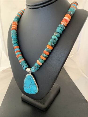 Navajo Pearls Spiderweb Spiny Oyster Turquoise Necklace Pendant | Sterling Silver | Southwestern Native American | 00833
