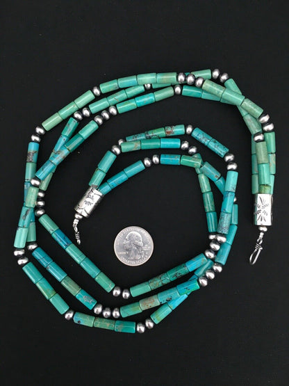 Navajo Turquoise Tube Bead Necklace | 3 Strand | Sterling Silver | 22" | Authentic Native American Handmade | 4790