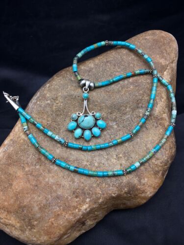 Navajo Turquoise Cluster Pendant Necklace | Sterling Silver | 20" | Authentic Native American Handmade | 4079