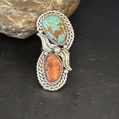 Navajo Women's Turquoise Spiny Oyster Multi-Stone Ring | Authentic Native American Sterling Silver | Multi-Stone | Sz 7.5 | 14489
