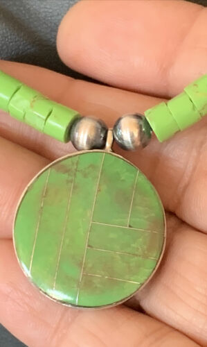 Navajo Green Gaspeite Turquoise Pendant | Sterling Silver | Authentic Native American Handmade | 12344