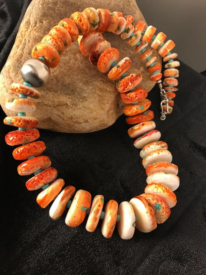 Navajo Orange Spiny Oyster Turquoise Necklace | Sterling Silver | Native American Handmade | 22" | 01822 - Masha USA