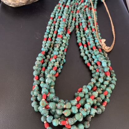Men's Santo Domingo Blue Turquoise Coral Necklace | 36" Bead Nugget | Authentic Native American Handmade | 13185