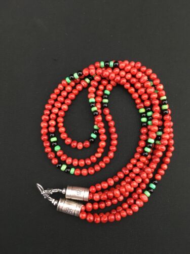 Native American Coral & Turquoise 3 Strand Necklace | Navajo Sterling Silver | 19" | 4856