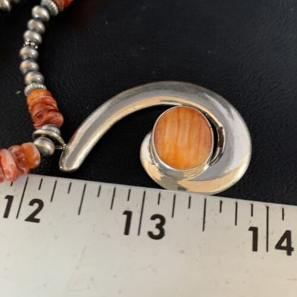 Navajo Orange Spiny Oyster Pendant Necklace | Sterling Silver | Authentic Native American Handmade | 13651