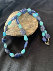 Navajo Denim Lapis & Turquoise Beads Necklace | Sterling Silver | Authentic Native American Handmade | 20" | 01038