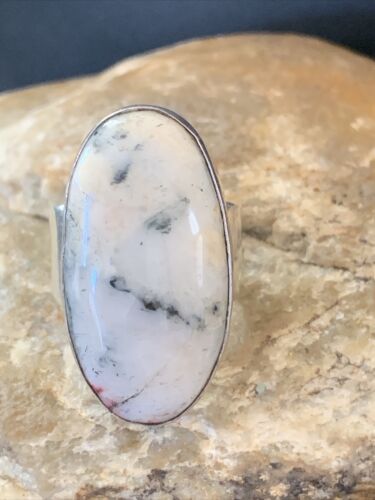 Southwestern Navajo Cinnabrite Ring | White Black | Sterling Silver | Sz 7.5 | 01560