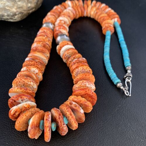 Orange Spiny Oyster & Blue Turquoise Graduated Necklace | Sterling Silver | Authentic Native American | 28" | 13713