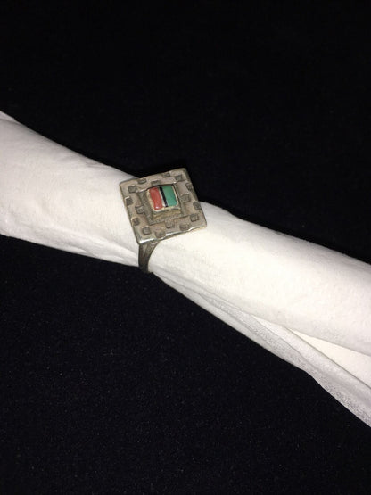 Navajo Women's Turquoise, Coral & Onyx Inlay Ring | Sterling Silver | Sz 5.5 | Authentic Native American Handmade | 01797