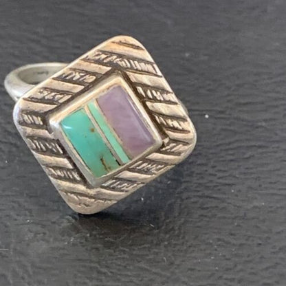 Navajo Green Turquoise Sugilite Inlay Ring | Sz 7 | Sterling Silver | Authentic Native American Handmade | 11287