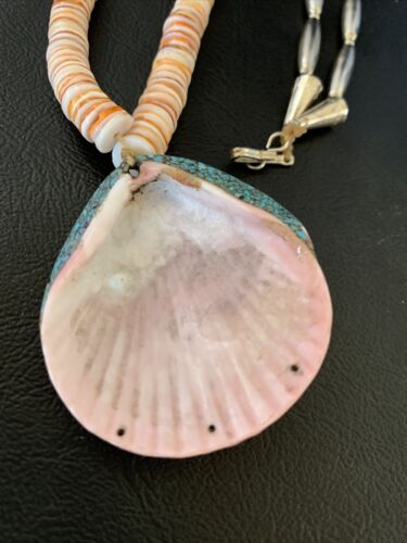 Authentic Native American Santo Domingo Shell Pendant Necklace | Spiny Oyster & Blue Turquoise | 26" | 12519