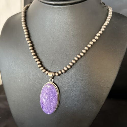 Navajo Pearls Necklace with Purple Charoite Pendant | Sterling Silver | Authentic Native American Handmade | 14464