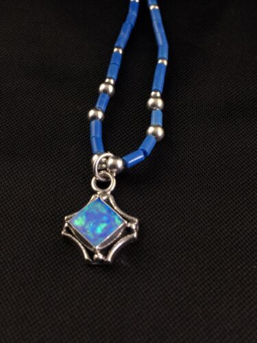 Children's Lapis Heishi Bead Necklace with Opal Pendant | Sterling Silver | 17" | 10126 - Masha USA