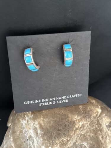 Navajo Blue Turquoise Inlay Earrings | Sterling Silver | 1" | Authentic Native American Handmade | 14776